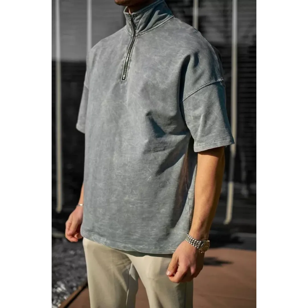 Unisex Yarım Fermuarlı Yıkamalı T-Shirt - Gri - 97082 Unisex Yarım Fermuarlı Yıkamalı T-Shirt - Gri - 97082