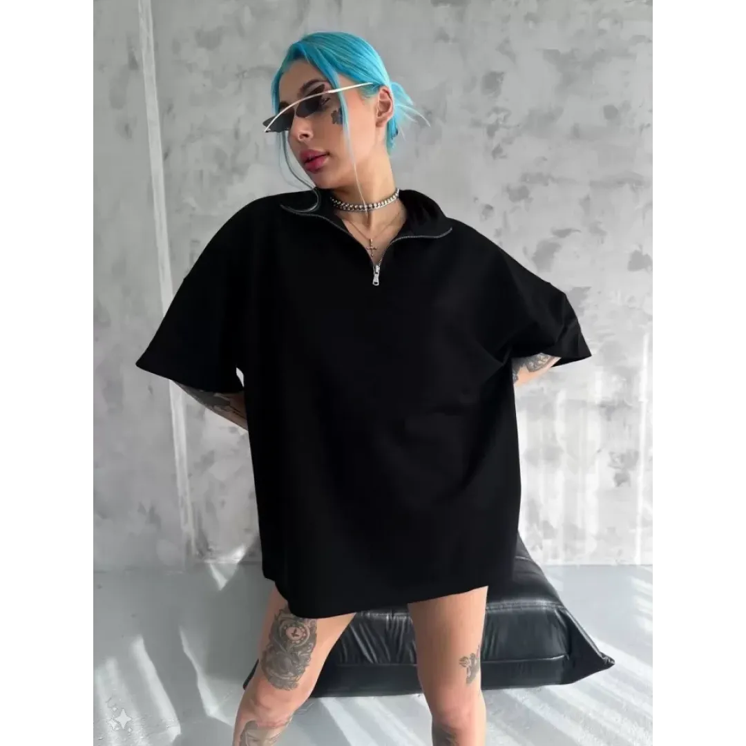 Unisex Yarım Fermuarlı Basic T-Shirt - Siyah - 97348 Unisex Yarım Fermuarlı Basic T-Shirt - Siyah - 97348