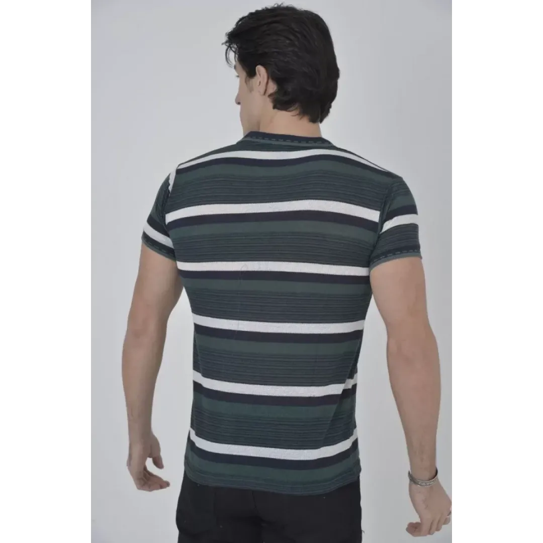 Erkek Yakalı Slim Fit Dokuma Çizgili T-Shirt - Haki - 97365