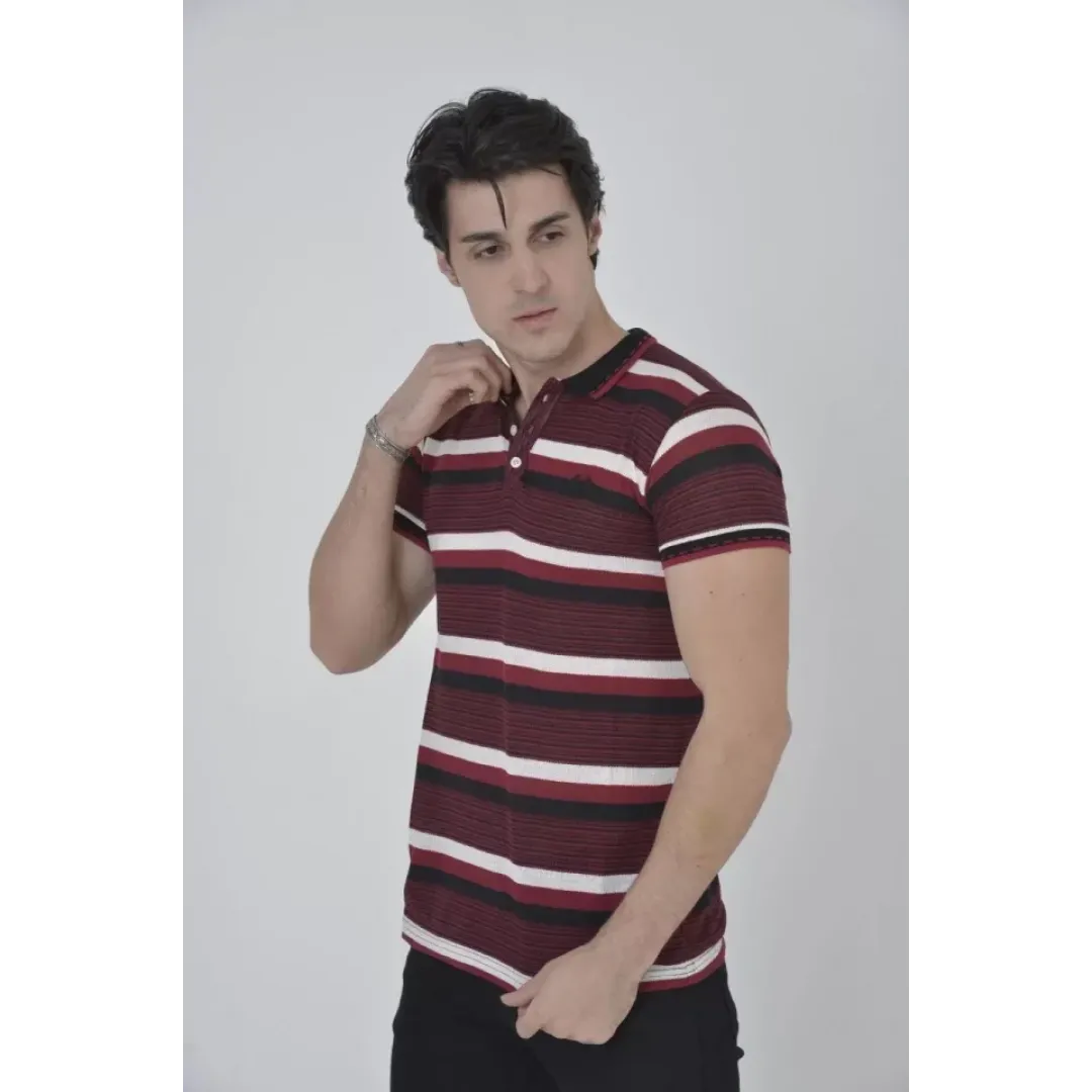 Erkek Yakalı Slim Fit Dokuma Çizgili T-Shirt - Bordo - 97366 Erkek Yakalı Slim Fit Dokuma Çizgili T-Shirt - Bordo - 97366