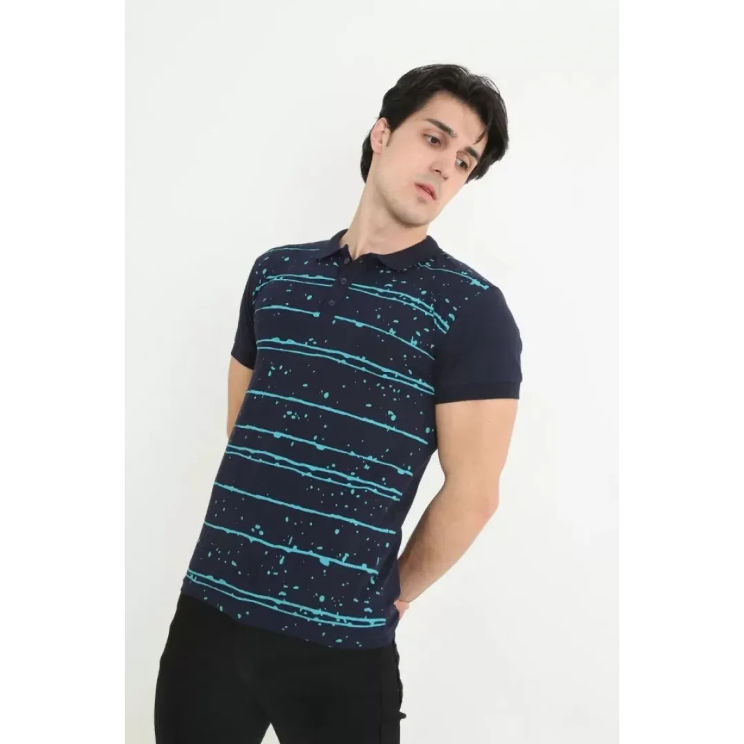 Erkek Yakalı Slim Fit Pike Çizgili T-Shirt - Lacivert - 97380 Erkek Yakalı Slim Fit Pike Çizgili T-Shirt - Lacivert - 97380