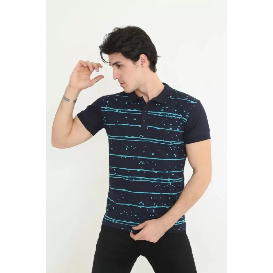 Erkek Yakalı Slim Fit Pike Çizgili T-Shirt - Lacivert - 97380 Erkek Yakalı Slim Fit Pike Çizgili T-Shirt - Lacivert - 97380