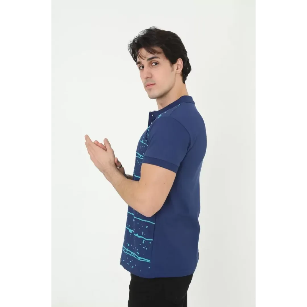 Erkek Yakalı Slim Fit Pike Çizgili T-Shirt - Mavi - 97382 Erkek Yakalı Slim Fit Pike Çizgili T-Shirt - Mavi - 97382