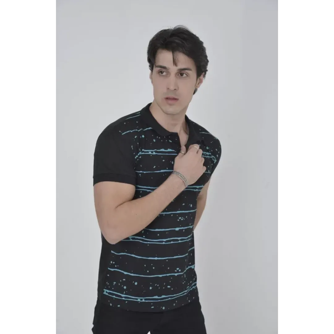 Erkek Yakalı Slim Fit Pike Çizgili T-Shirt - Siyah - 97384