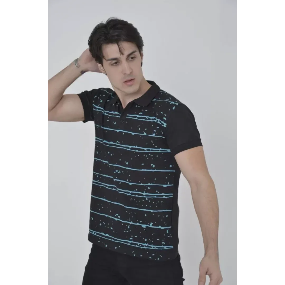 Erkek Yakalı Slim Fit Pike Çizgili T-Shirt - Siyah - 97384