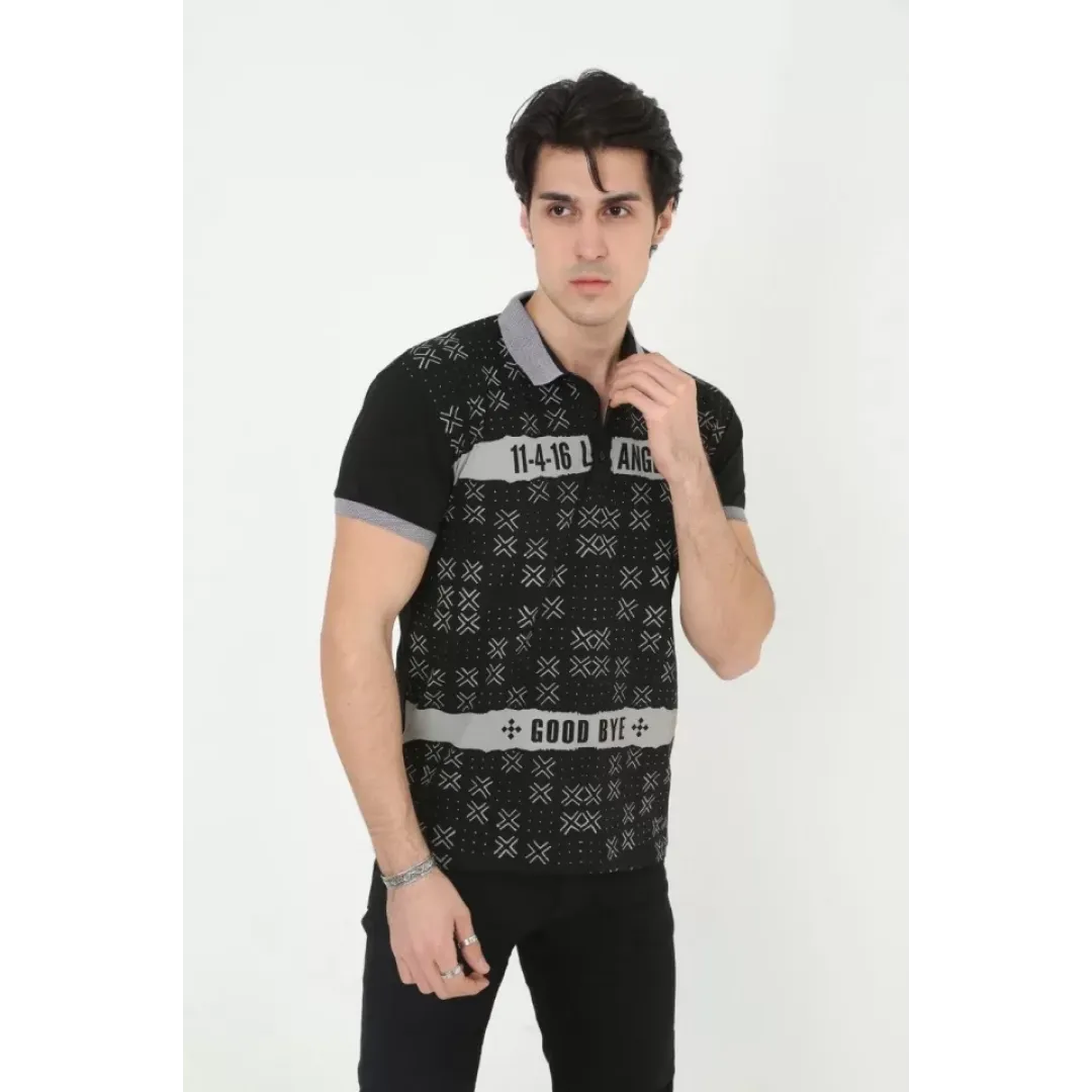 Erkek Yakalı Slim Fit Baskılı T-Shirt - Siyah - 97385 Erkek Yakalı Slim Fit Baskılı T-Shirt - Siyah - 97385
