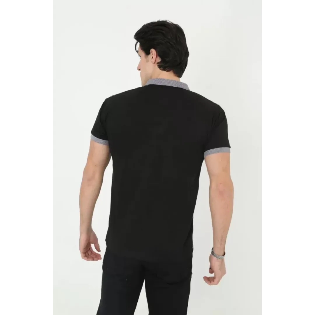Erkek Yakalı Slim Fit Baskılı T-Shirt - Siyah - 97385 Erkek Yakalı Slim Fit Baskılı T-Shirt - Siyah - 97385
