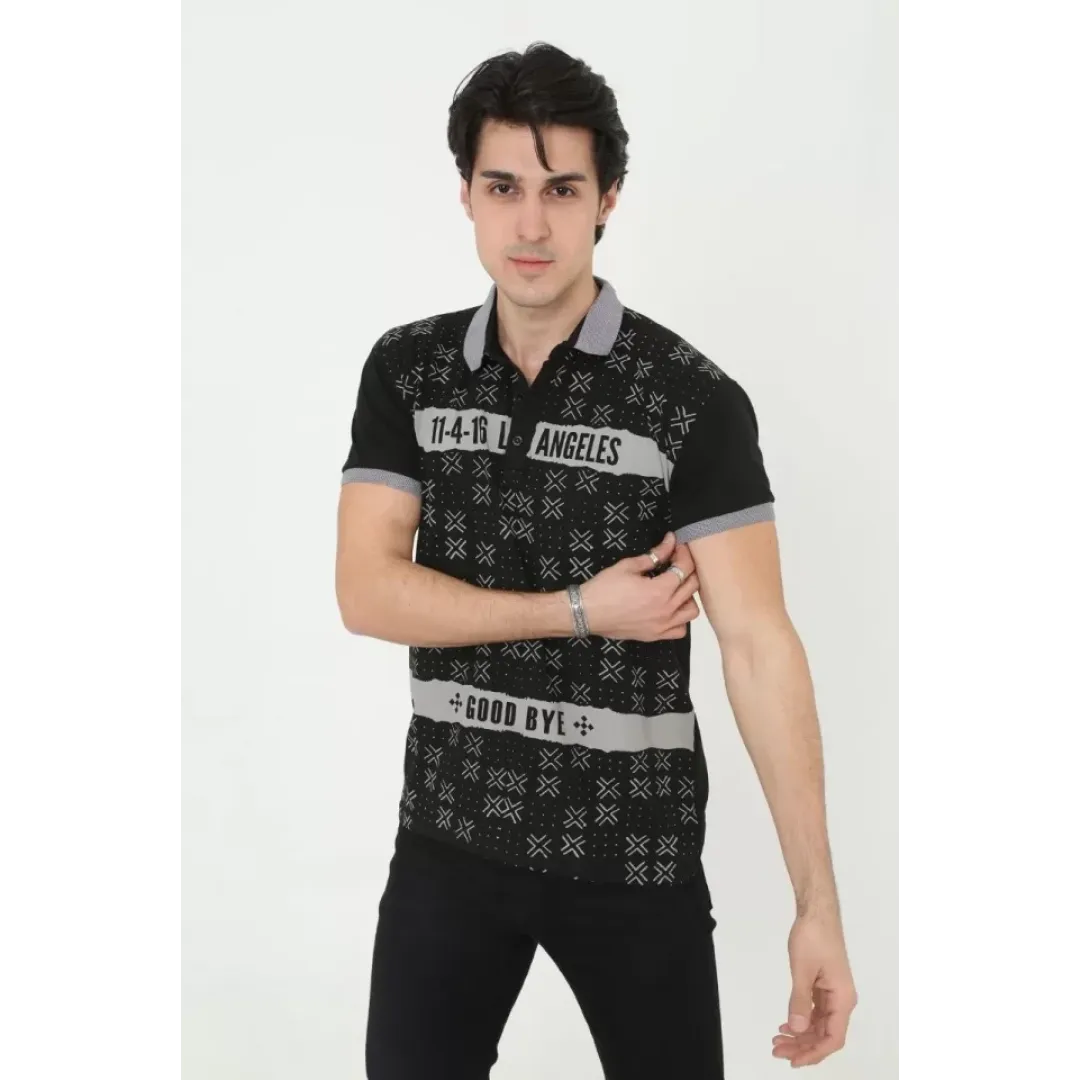 Erkek Yakalı Slim Fit Baskılı T-Shirt - Siyah - 97385 Erkek Yakalı Slim Fit Baskılı T-Shirt - Siyah - 97385