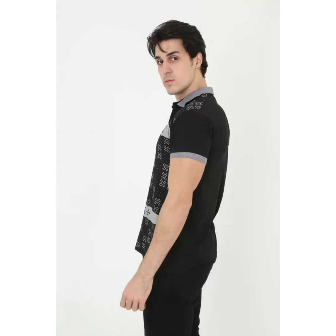 Erkek Yakalı Slim Fit Baskılı T-Shirt - Siyah - 97385 Erkek Yakalı Slim Fit Baskılı T-Shirt - Siyah - 97385