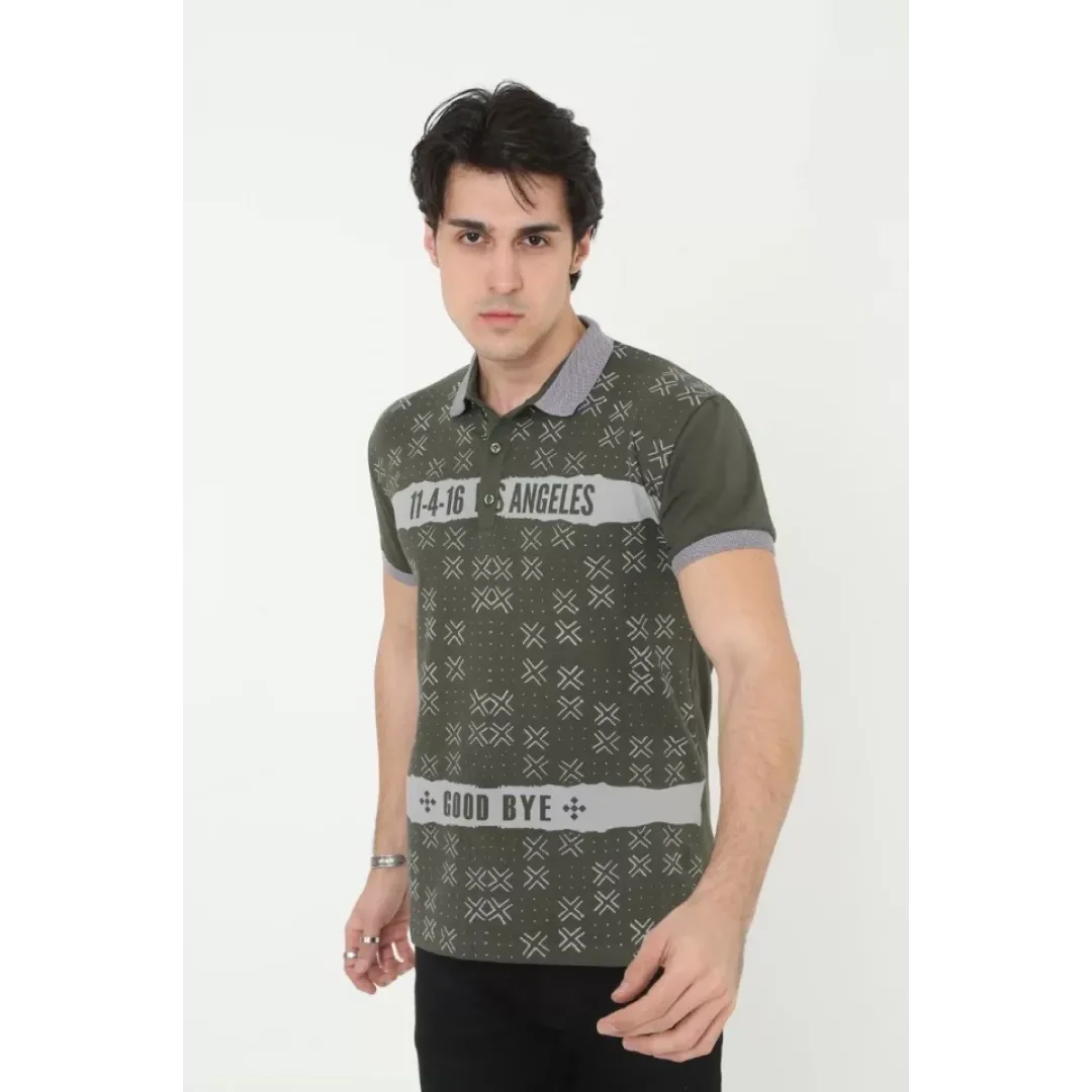 Erkek Yakalı Slim Fit Baskılı T-Shirt - Haki - 97386