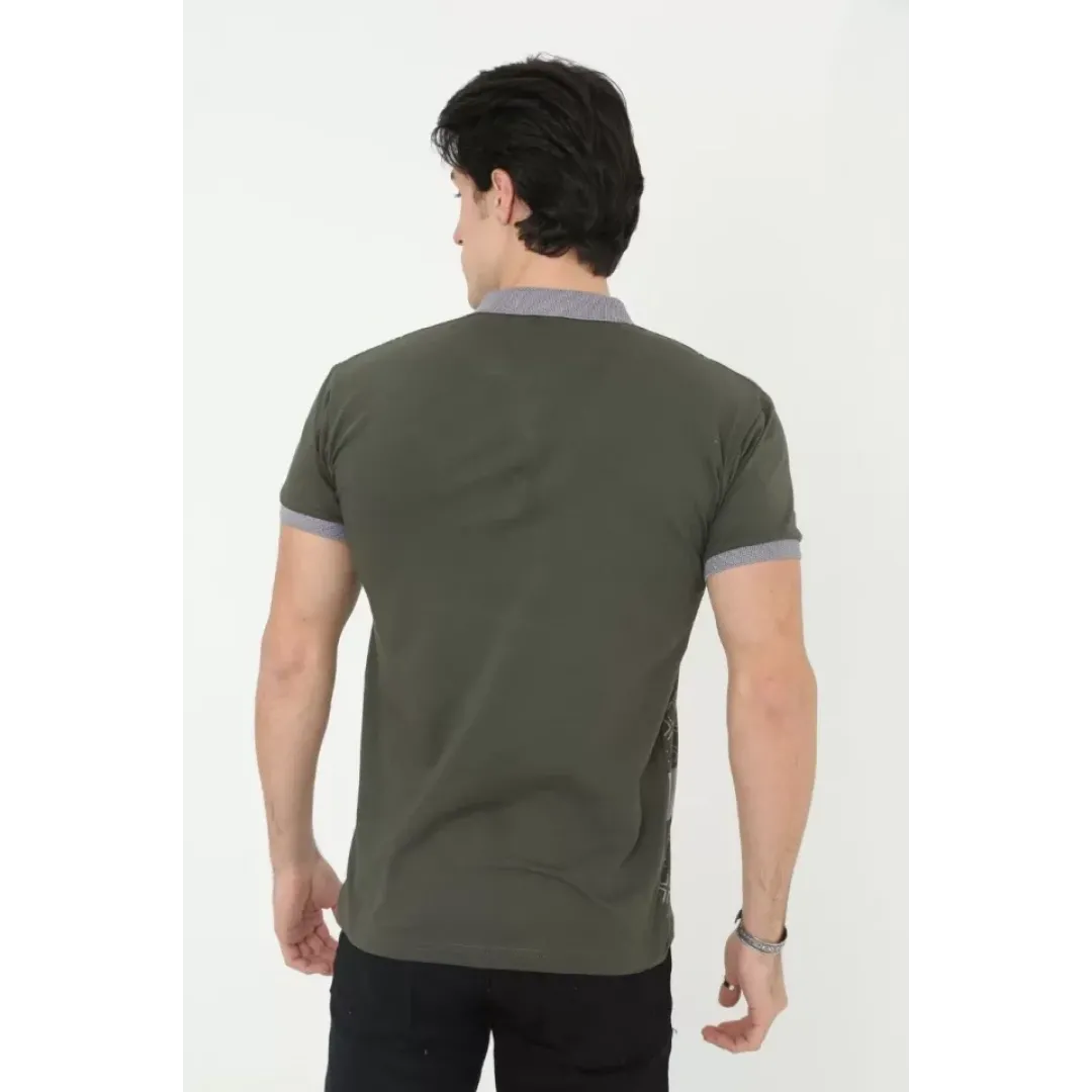 Erkek Yakalı Slim Fit Baskılı T-Shirt - Haki - 97386