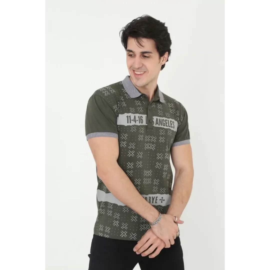 Erkek Yakalı Slim Fit Baskılı T-Shirt - Haki - 97386