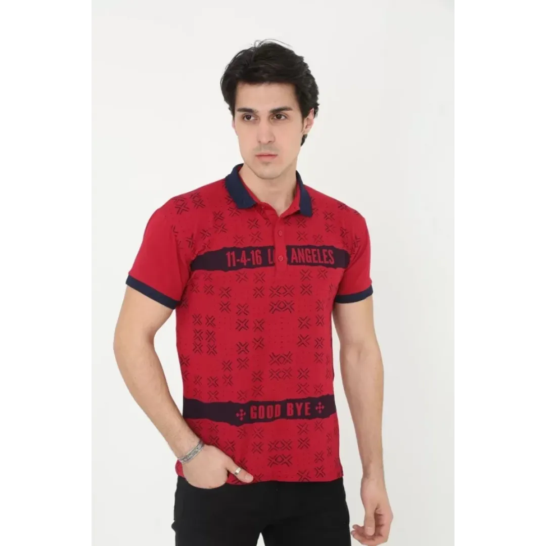 Erkek Yakalı Slim Fit Baskılı T-Shirt - Kırmızı - 97387 Erkek Yakalı Slim Fit Baskılı T-Shirt - Kırmızı - 97387