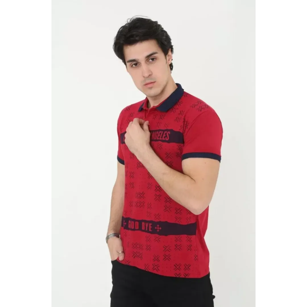 Erkek Yakalı Slim Fit Baskılı T-Shirt - Kırmızı - 97387 Erkek Yakalı Slim Fit Baskılı T-Shirt - Kırmızı - 97387
