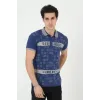 Erkek Yakalı Slim Fit Baskılı T-Shirt - Mavi - 97388 Erkek Yakalı Slim Fit Baskılı T-Shirt - Mavi - 97388