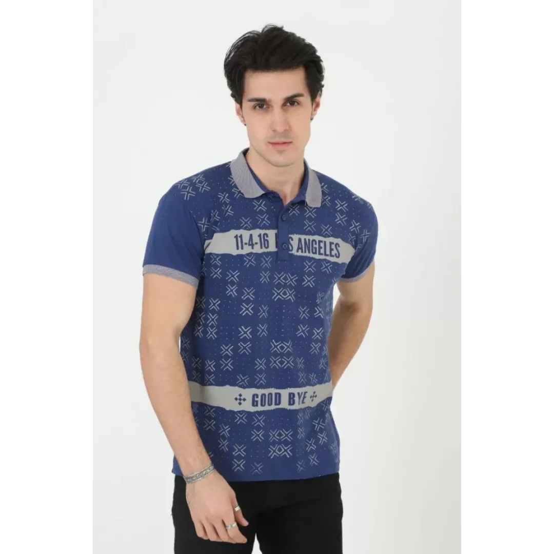 Erkek Yakalı Slim Fit Baskılı T-Shirt - Mavi - 97388 Erkek Yakalı Slim Fit Baskılı T-Shirt - Mavi - 97388