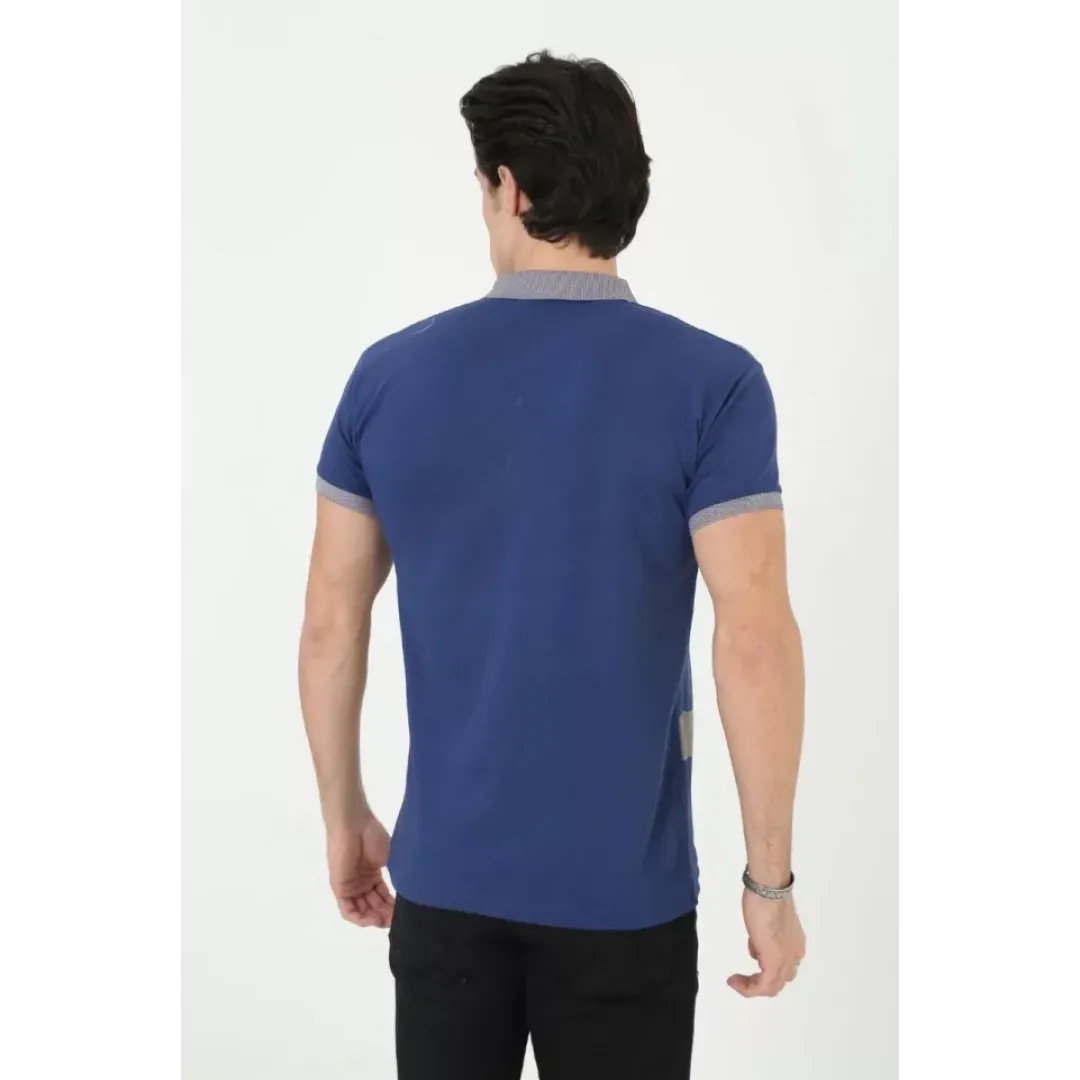 Erkek Yakalı Slim Fit Baskılı T-Shirt - Mavi - 97388 Erkek Yakalı Slim Fit Baskılı T-Shirt - Mavi - 97388