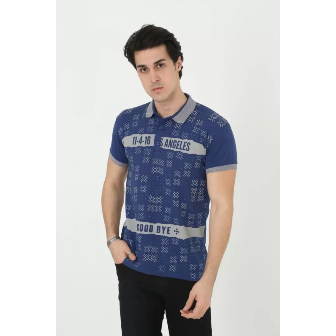 Erkek Yakalı Slim Fit Baskılı T-Shirt - Mavi - 97388 Erkek Yakalı Slim Fit Baskılı T-Shirt - Mavi - 97388