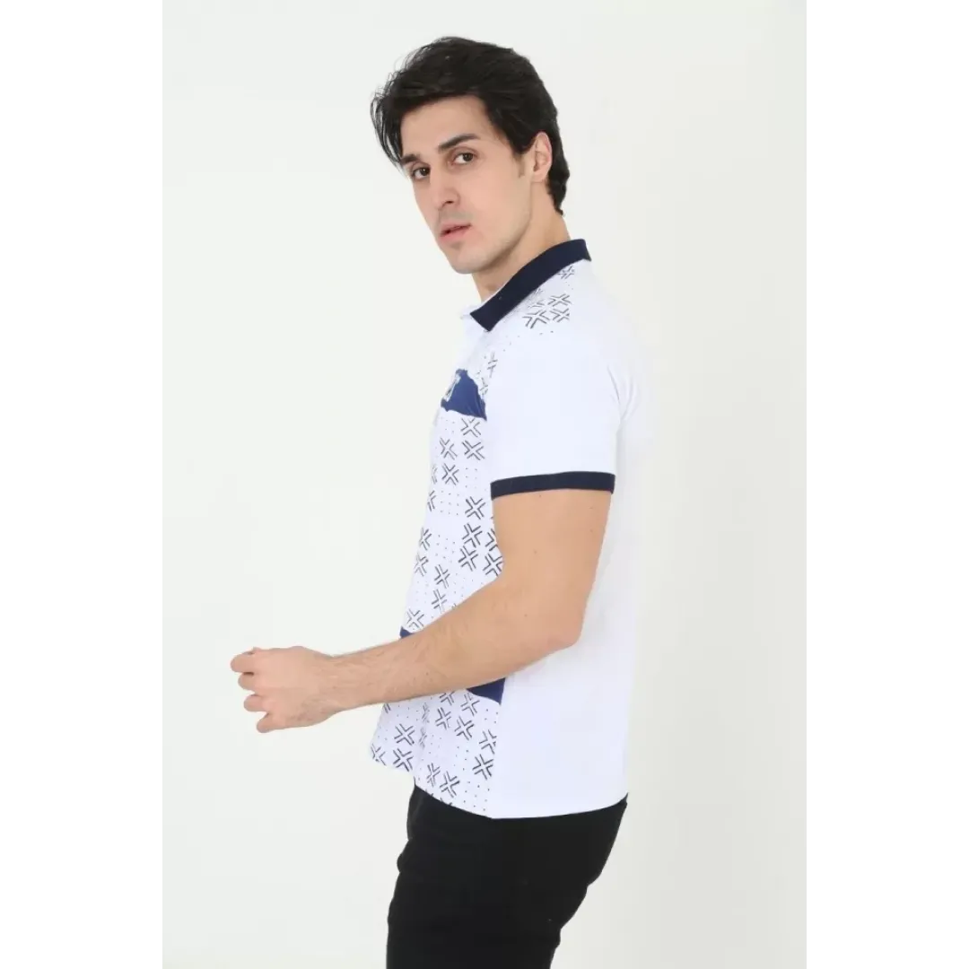 Erkek Yakalı Slim Fit Baskılı T-Shirt - Beyaz - 97389 Erkek Yakalı Slim Fit Baskılı T-Shirt - Beyaz - 97389