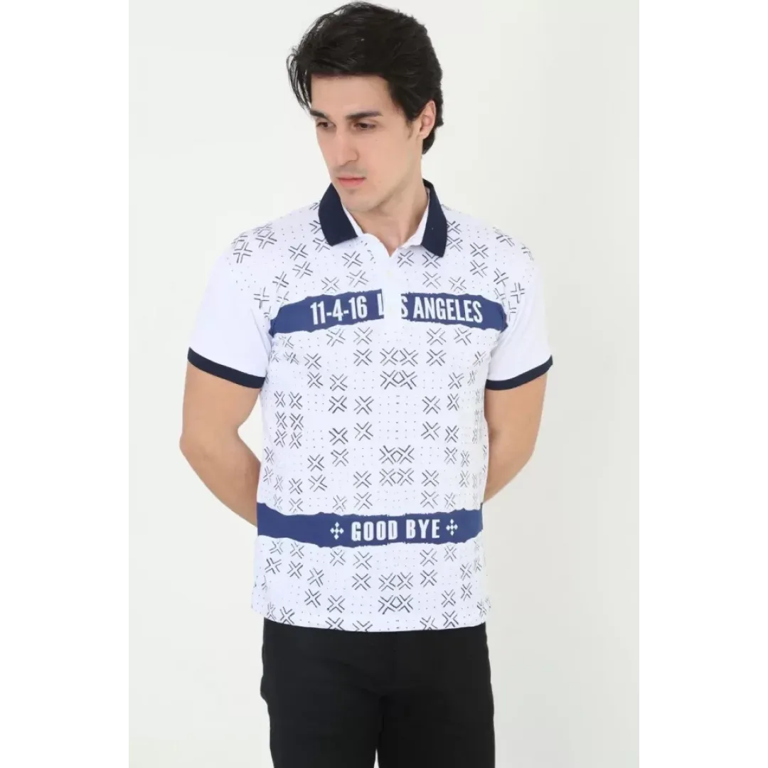 Erkek Yakalı Slim Fit Baskılı T-Shirt - Beyaz - 97389 Erkek Yakalı Slim Fit Baskılı T-Shirt - Beyaz - 97389