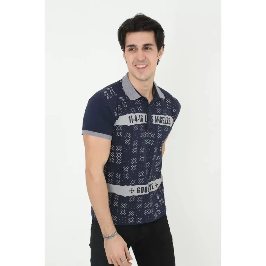 Erkek Yakalı Slim Fit Baskılı T-Shirt - Lacivert - 97390 Erkek Yakalı Slim Fit Baskılı T-Shirt - Lacivert - 97390