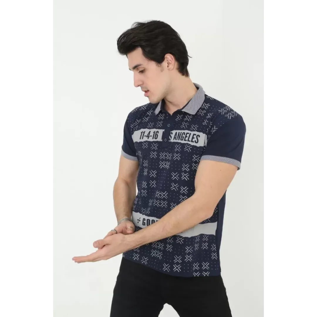 Erkek Yakalı Slim Fit Baskılı T-Shirt - Lacivert - 97390 Erkek Yakalı Slim Fit Baskılı T-Shirt - Lacivert - 97390