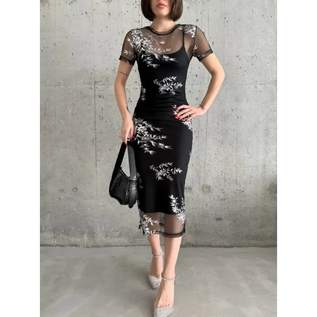 Baskılı Şifon Kimono Elbise - Siyah - 97611 Baskılı Şifon Kimono Elbise - Siyah - 97611