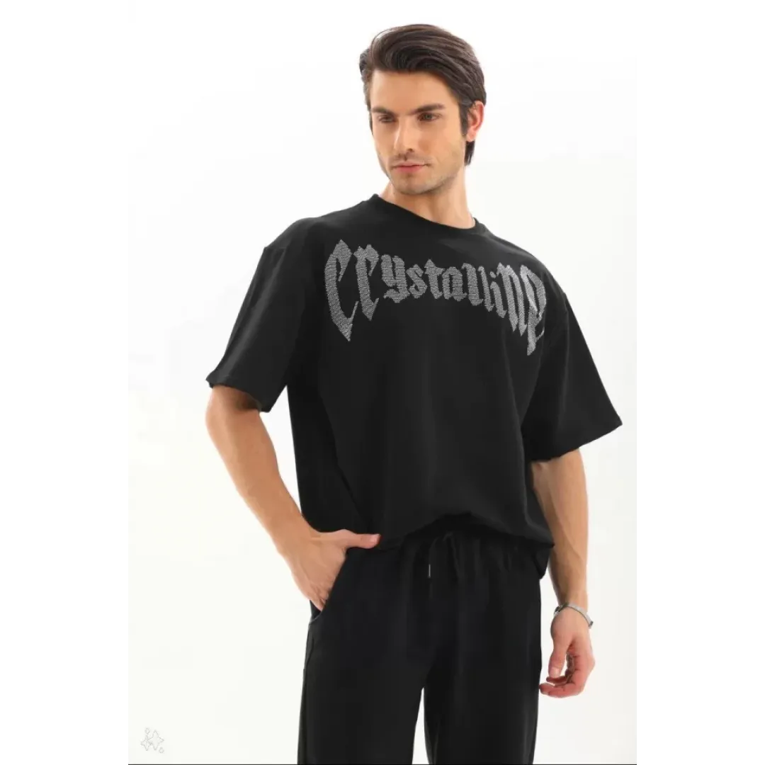 Unisex Oversize Taşlı T-Shirt - Siyah - 97616