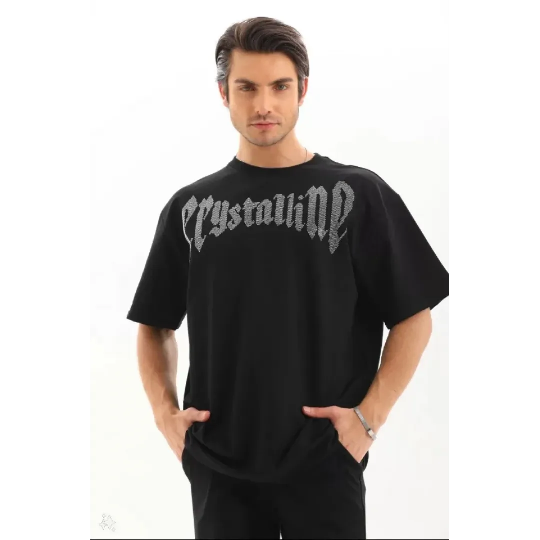 Unisex Oversize Taşlı T-Shirt - Siyah - 97616