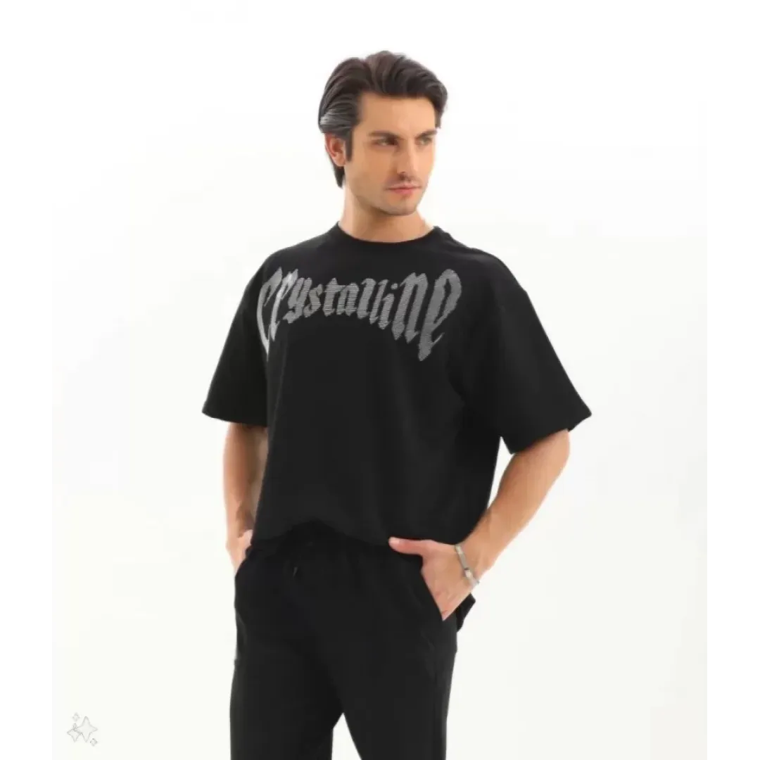 Unisex Oversize Taşlı T-Shirt - Siyah - 97616