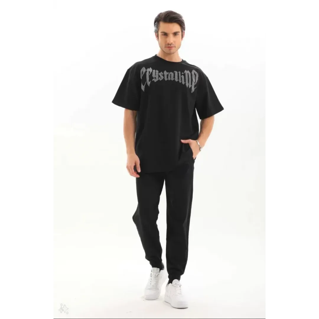 Unisex Oversize Taşlı T-Shirt - Siyah - 97616