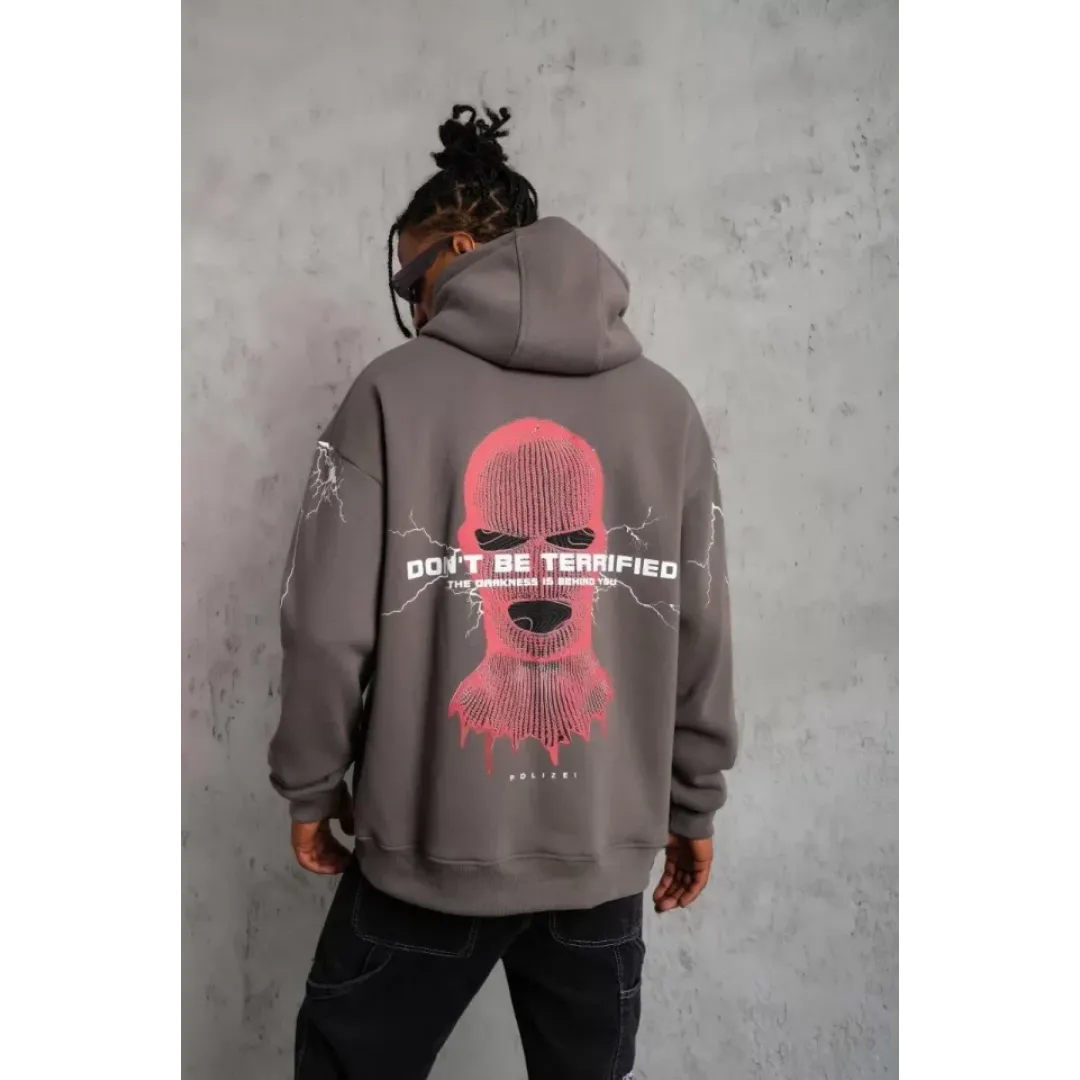Erkek Maske Baskılı Kapüşonlu Sweat - Gri - 97908