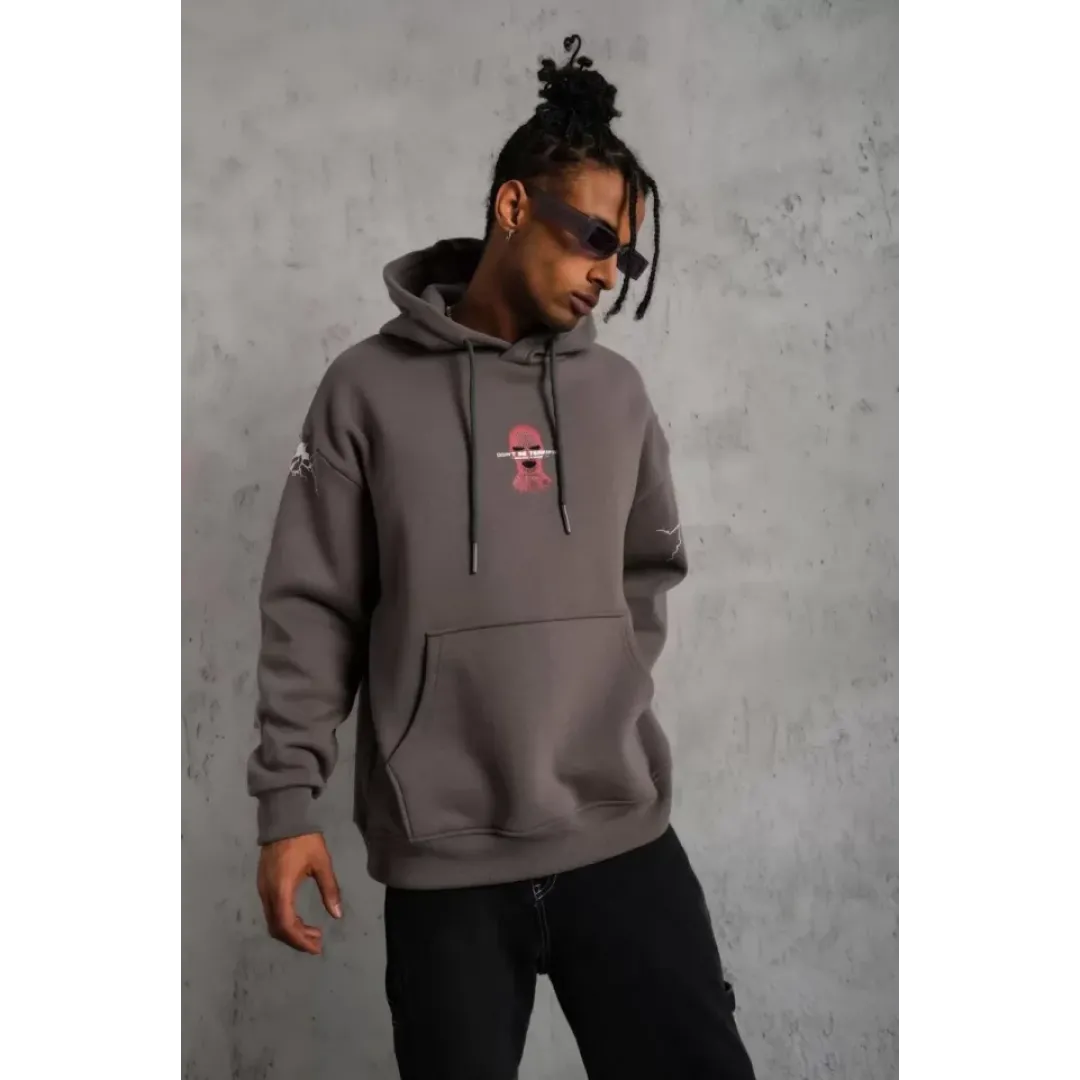 Erkek Maske Baskılı Kapüşonlu Sweat - Gri - 97908