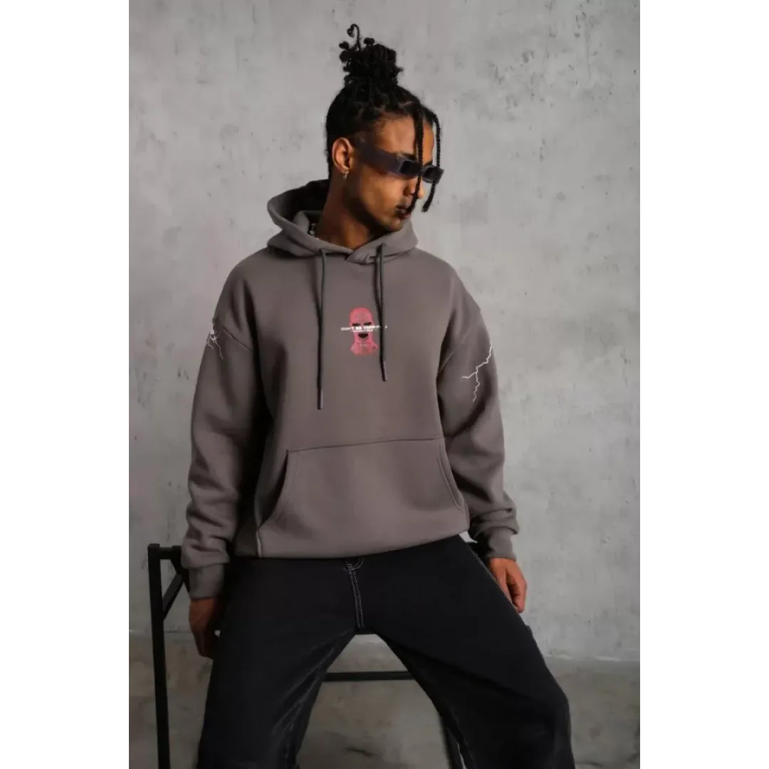 Erkek Maske Baskılı Kapüşonlu Sweat - Gri - 97908