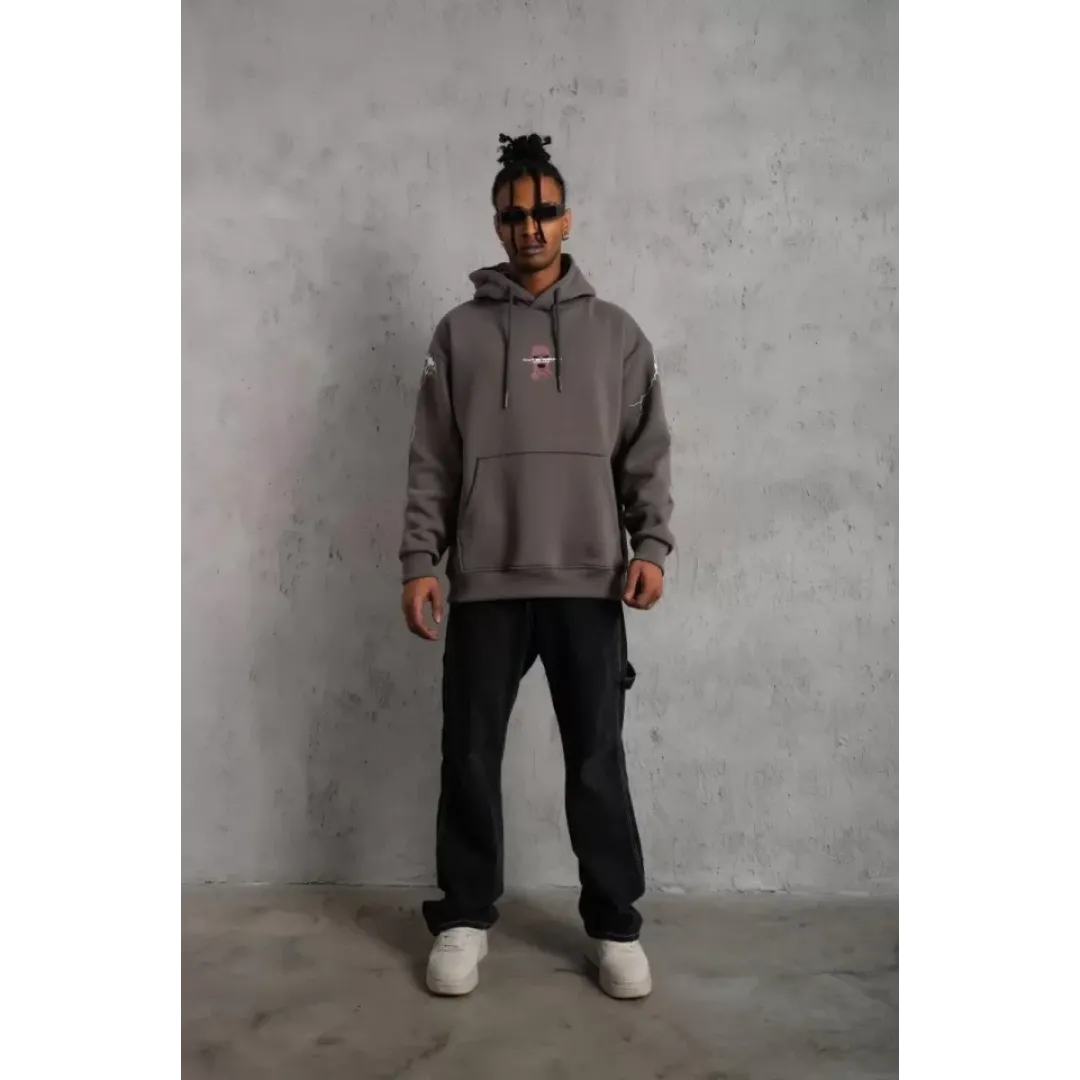 Erkek Maske Baskılı Kapüşonlu Sweat - Gri - 97908