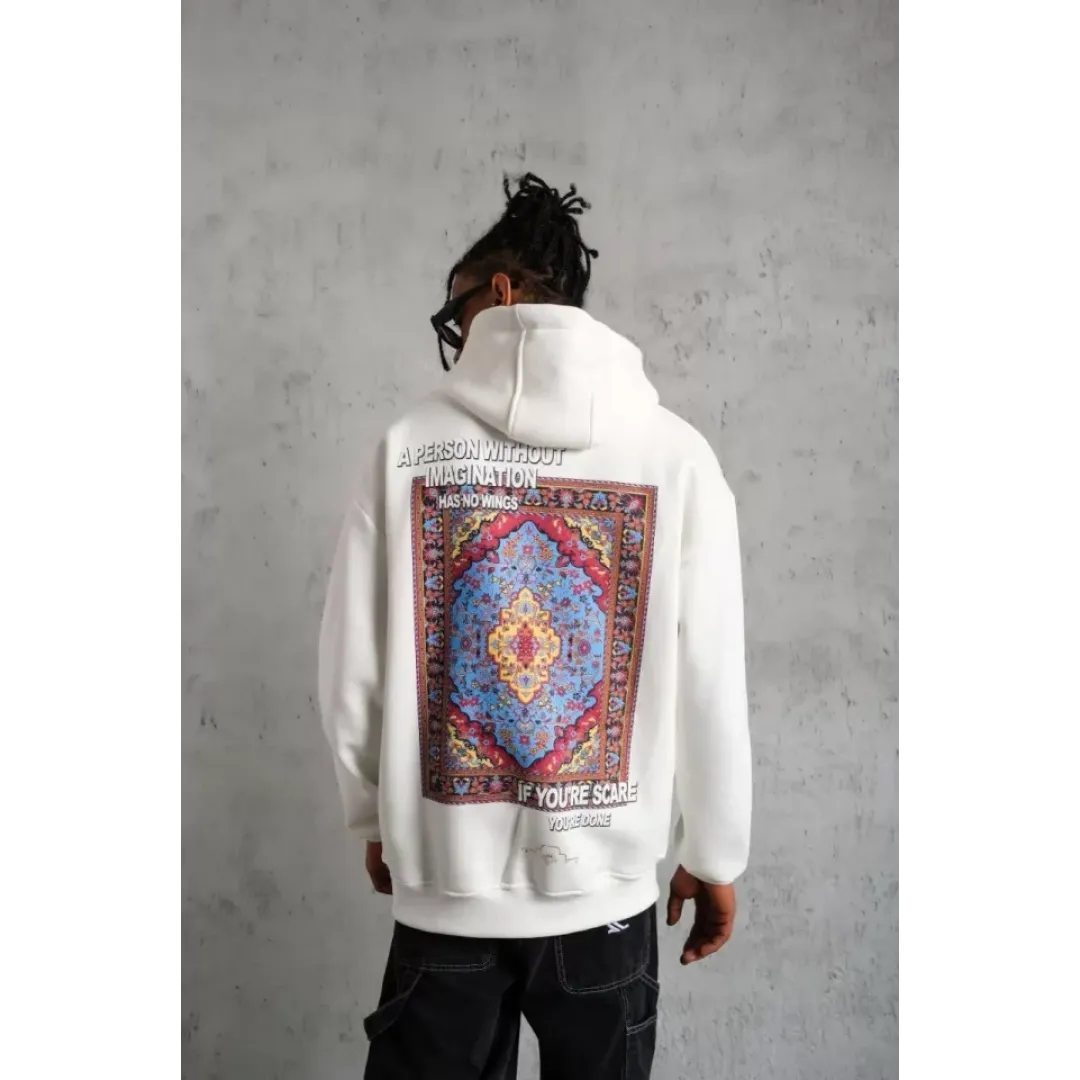 Erkek Kilim Desen Kapüşonlu Sweat- Beyaz - 97912 Erkek Kilim Desen Kapüşonlu Sweat- Beyaz - 97912