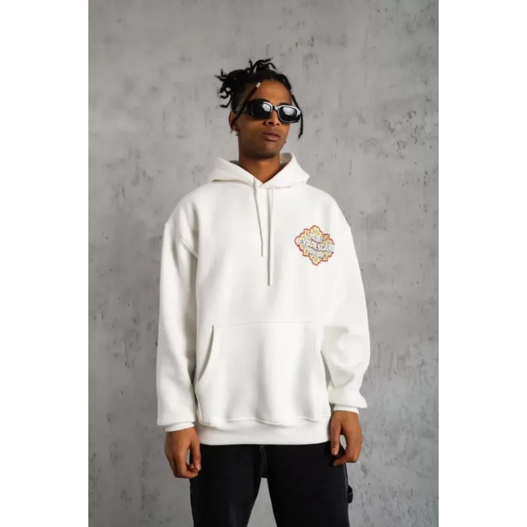 Erkek Kilim Desen Kapüşonlu Sweat- Beyaz - 97912 Erkek Kilim Desen Kapüşonlu Sweat- Beyaz - 97912