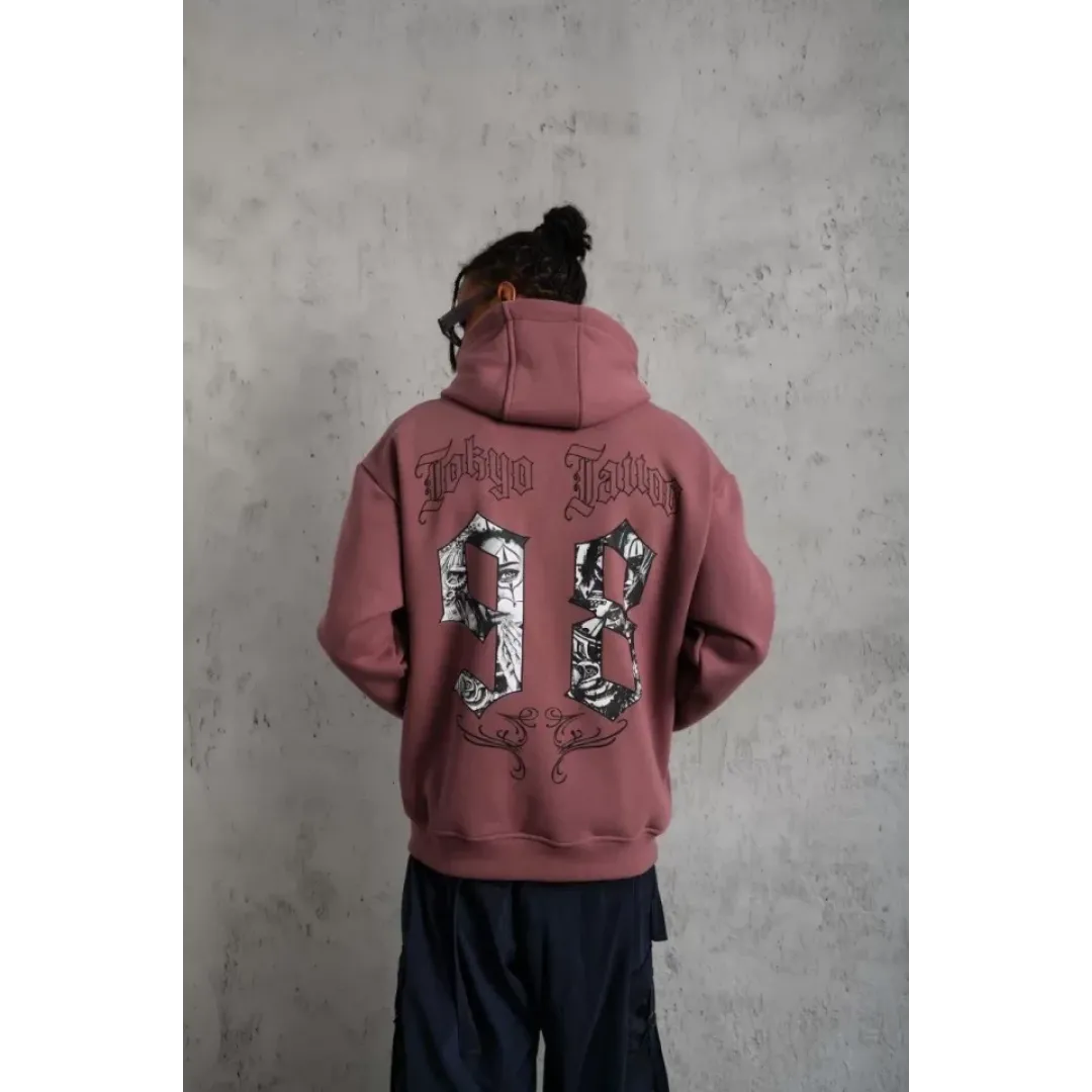 Erkek 98 Baskılı Kapşonlu Sweat - Gül Kurusu - 97913