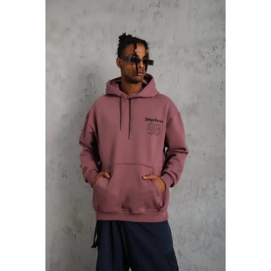 Erkek 98 Baskılı Kapşonlu Sweat - Gül Kurusu - 97913