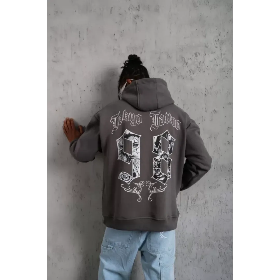 Erkek 98 Baskılı Kapşonlu Sweat - Gri - 97914 Erkek 98 Baskılı Kapşonlu Sweat - Gri - 97914