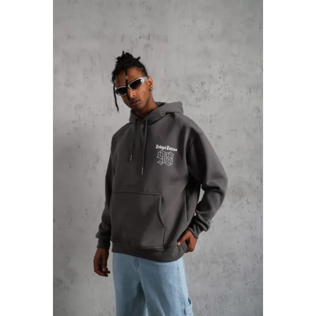 Erkek 98 Baskılı Kapşonlu Sweat - Gri - 97914 Erkek 98 Baskılı Kapşonlu Sweat - Gri - 97914