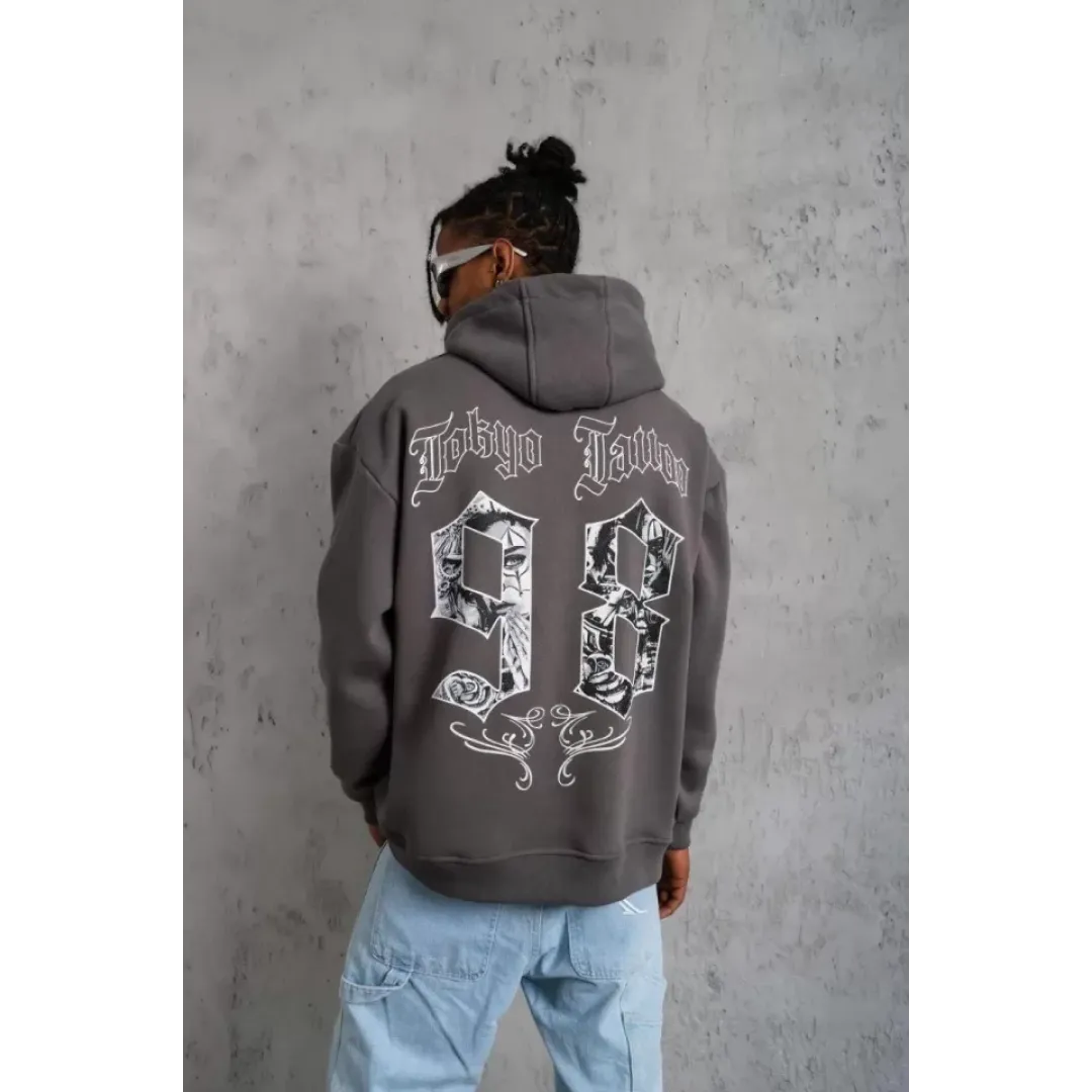 Erkek 98 Baskılı Kapşonlu Sweat - Gri - 97914 Erkek 98 Baskılı Kapşonlu Sweat - Gri - 97914