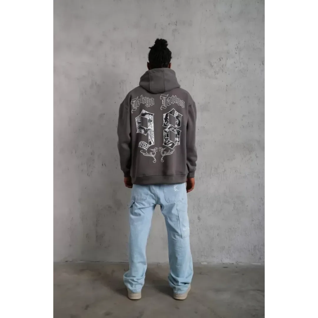 Erkek 98 Baskılı Kapşonlu Sweat - Gri - 97914 Erkek 98 Baskılı Kapşonlu Sweat - Gri - 97914