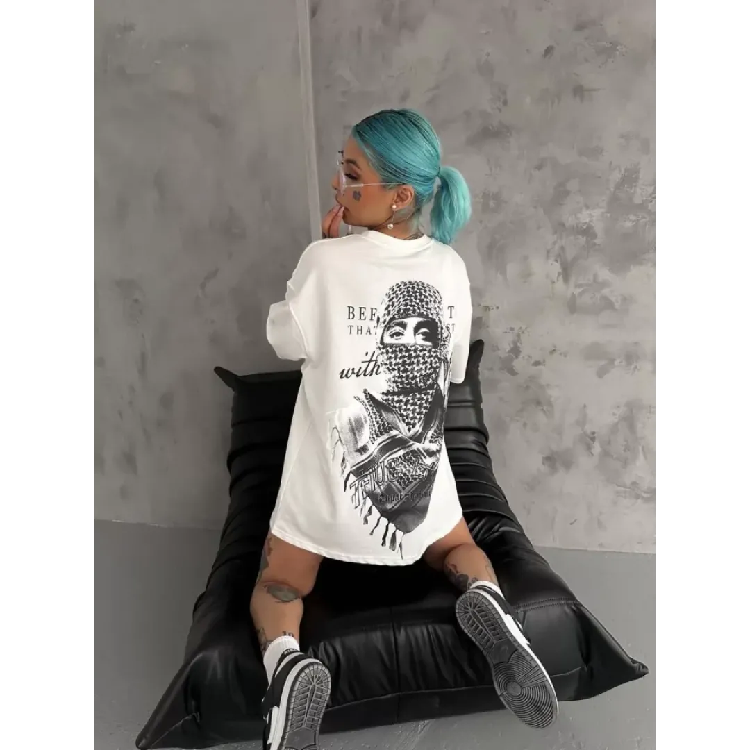Unisex Baskılı Oversize T-Shirt - Beyaz - 98301 Unisex Baskılı Oversize T-Shirt - Beyaz - 98301