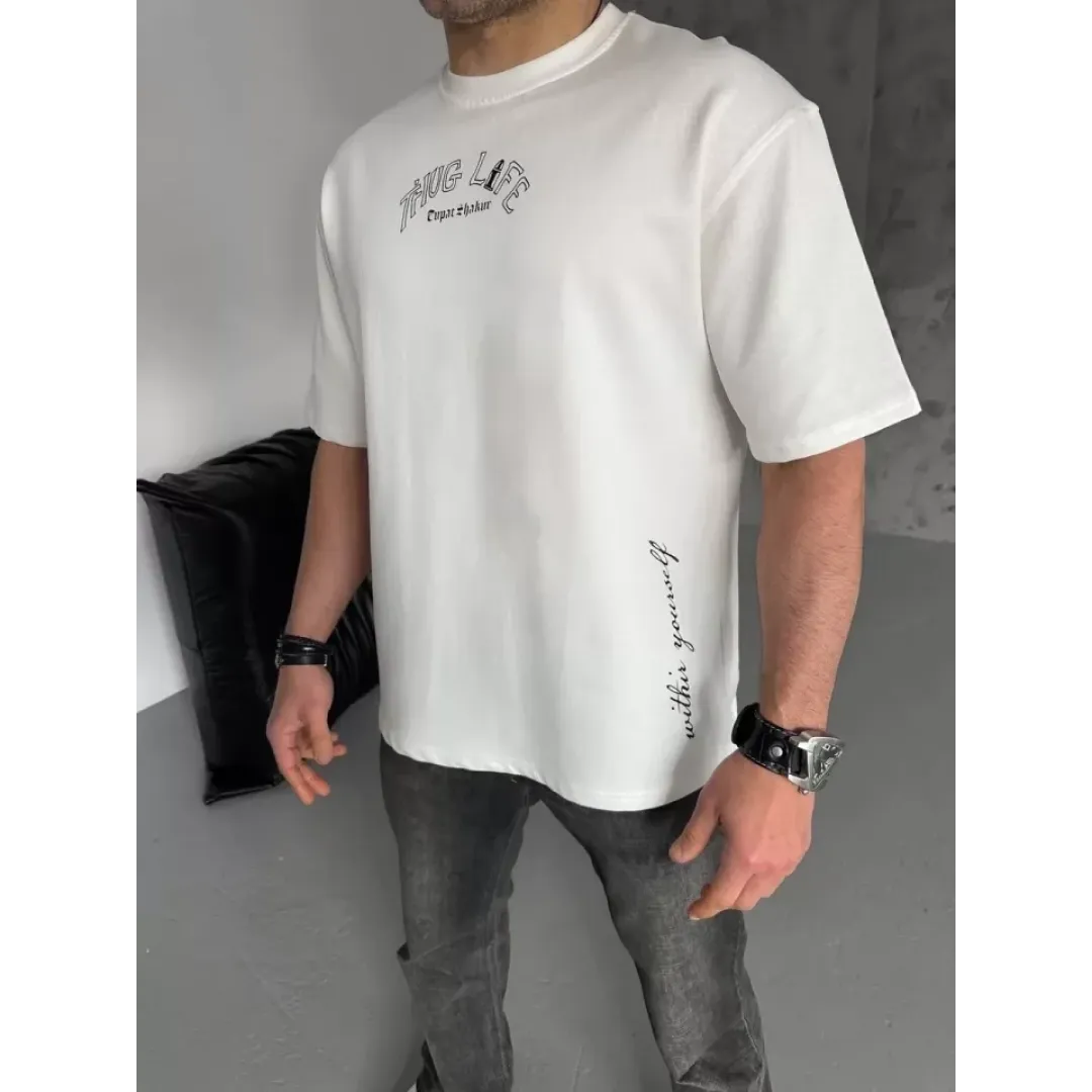 Unisex Baskılı Oversize T-Shirt - Beyaz - 98302 Unisex Baskılı Oversize T-Shirt - Beyaz - 98302