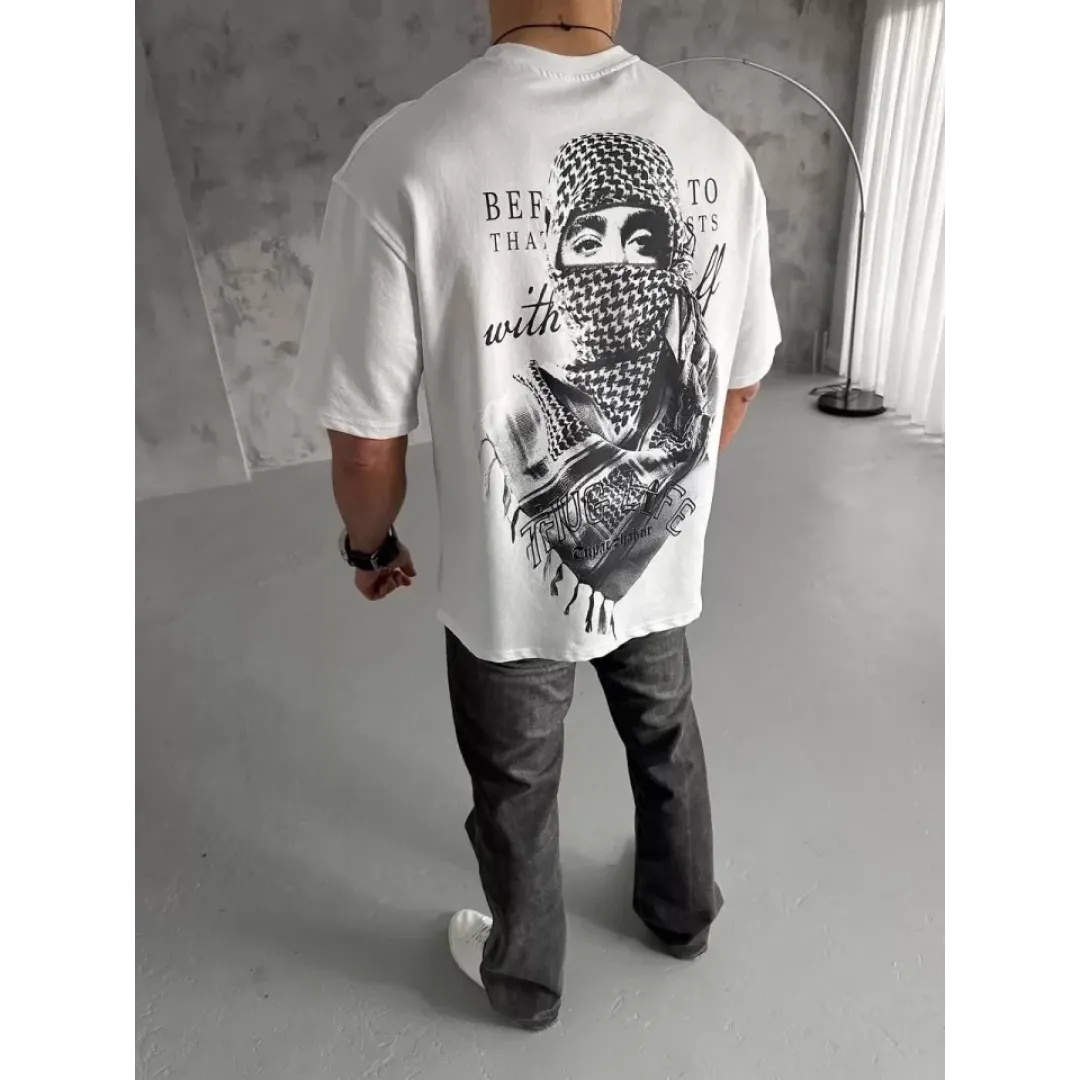 Unisex Baskılı Oversize T-Shirt - Beyaz - 98302 Unisex Baskılı Oversize T-Shirt - Beyaz - 98302
