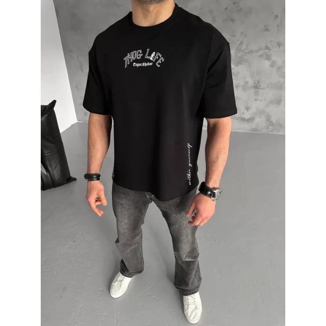 Unisex Baskılı Oversize T-Shirt - Siyah - 98303 Unisex Baskılı Oversize T-Shirt - Siyah - 98303
