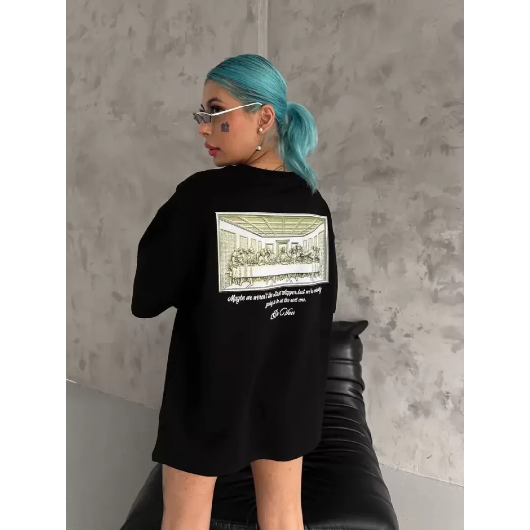 Unisex Baskılı Oversize T-Shirt - Siyah - 98308 Unisex Baskılı Oversize T-Shirt - Siyah - 98308