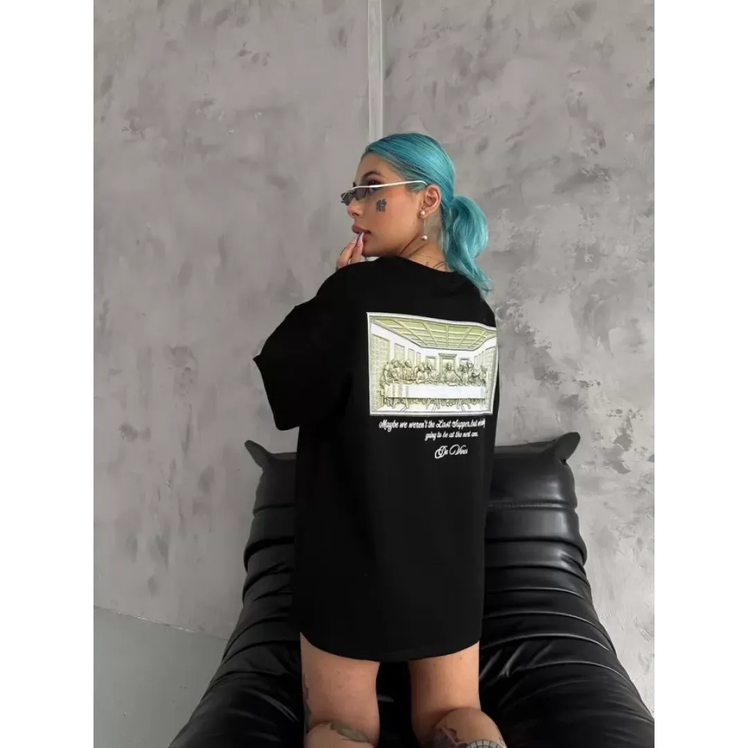 Unisex Baskılı Oversize T-Shirt - Siyah - 98308 Unisex Baskılı Oversize T-Shirt - Siyah - 98308