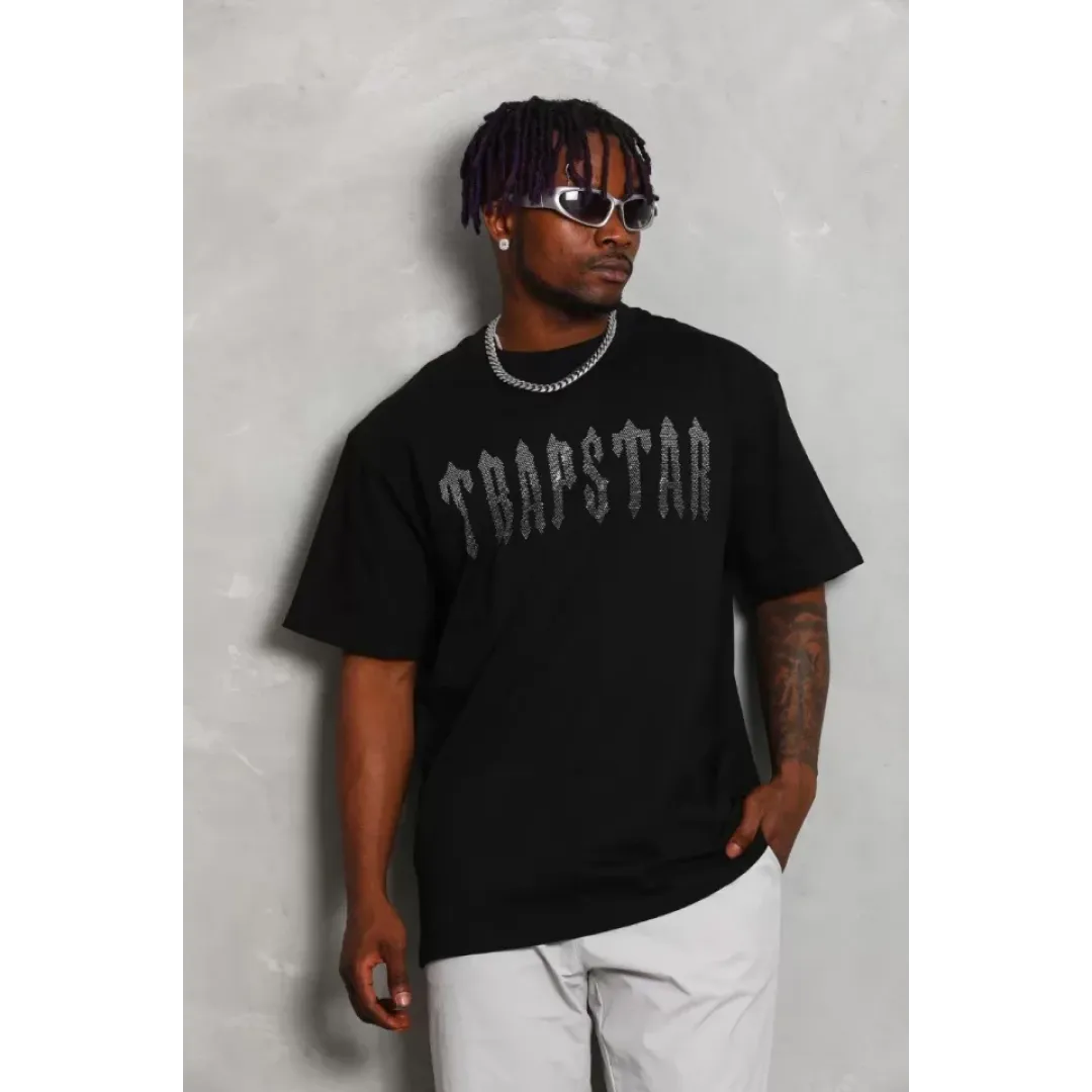 Unisex Oversize Taşlı Bisiklet Yaka T-Shirt - Siyah